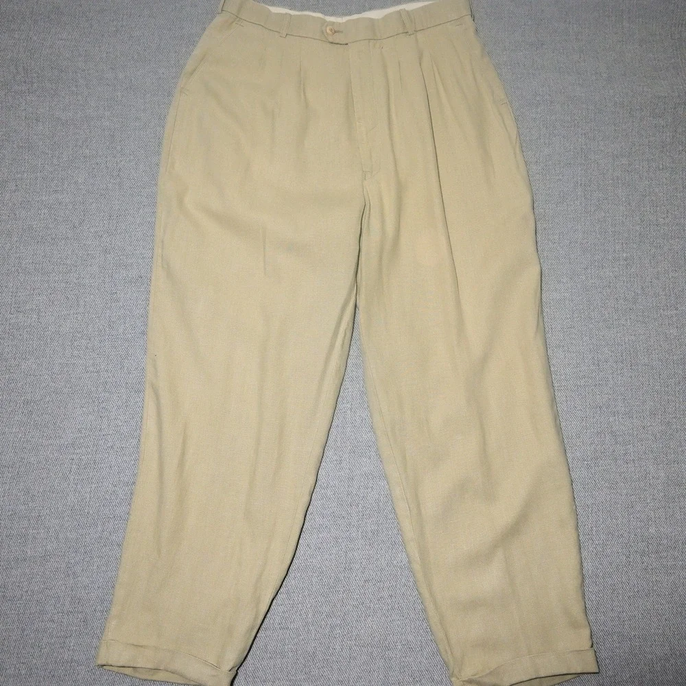 Successo Uomo Trousers Mens Pleated Cuffed 100% Linen 36 Khaki Beige Flaws